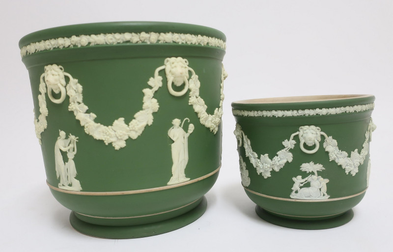 2 Wedgwood Deep Green Jasper Dip Jardinieres