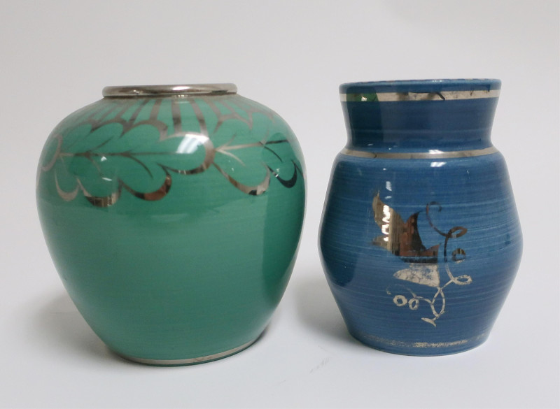 2 Silver Lustre Blue/Green Vases, Wedgwood