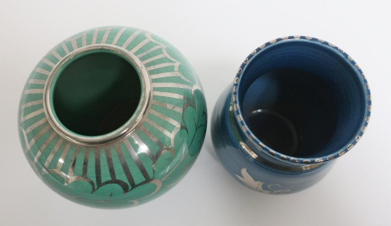 2 Silver Lustre Blue/Green Vases, Wedgwood