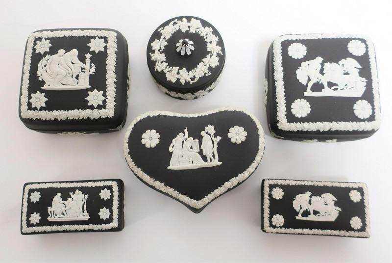 6 Black Basalt Wedgwood Boxes