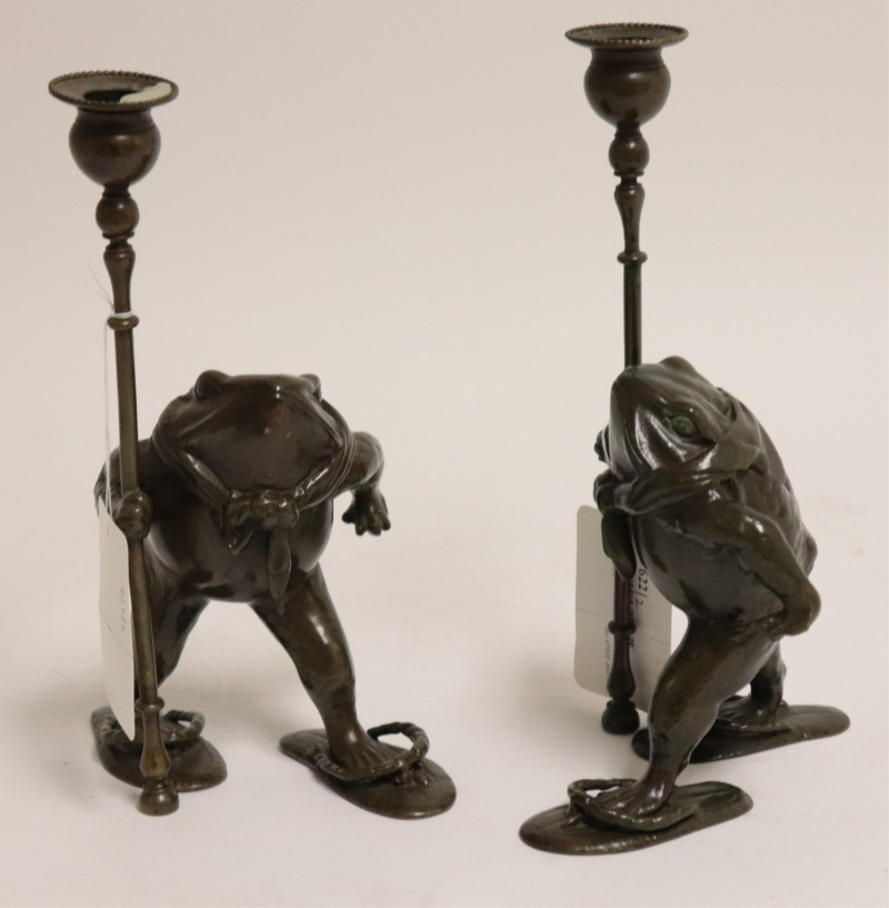 Pair Patinated Bronze &quot;Bullfrog&quot; Candlesticks