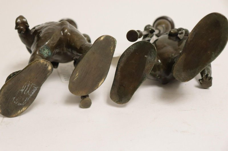 Pair Patinated Bronze &quot;Bullfrog&quot; Candlesticks