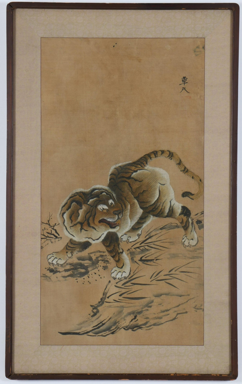 Style of Muqi, Tiger in Bamboo silk painted scroll