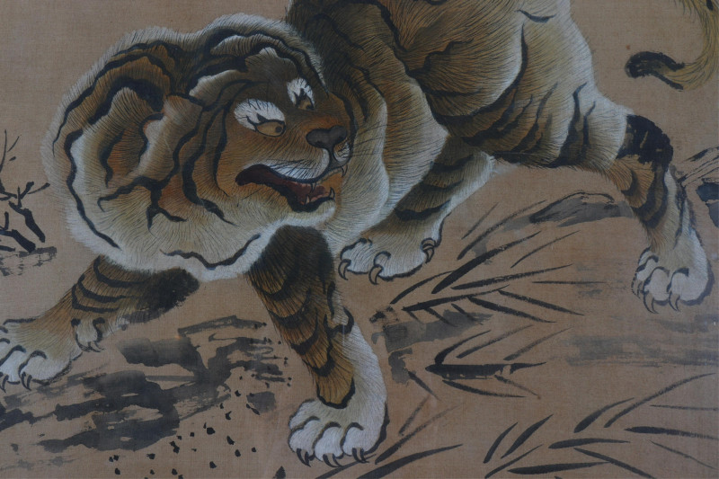 Style of Muqi, Tiger in Bamboo silk painted scroll